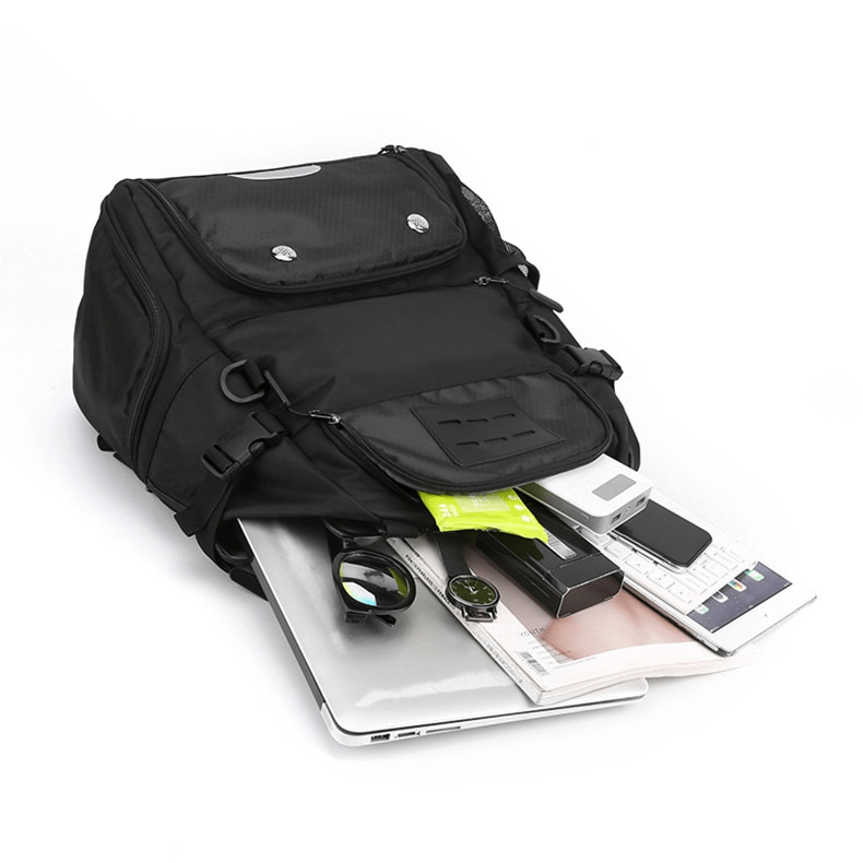 Black sports backpack SF0808 showcasing shoe compartment, laptop, gear, and detachable net pocket.